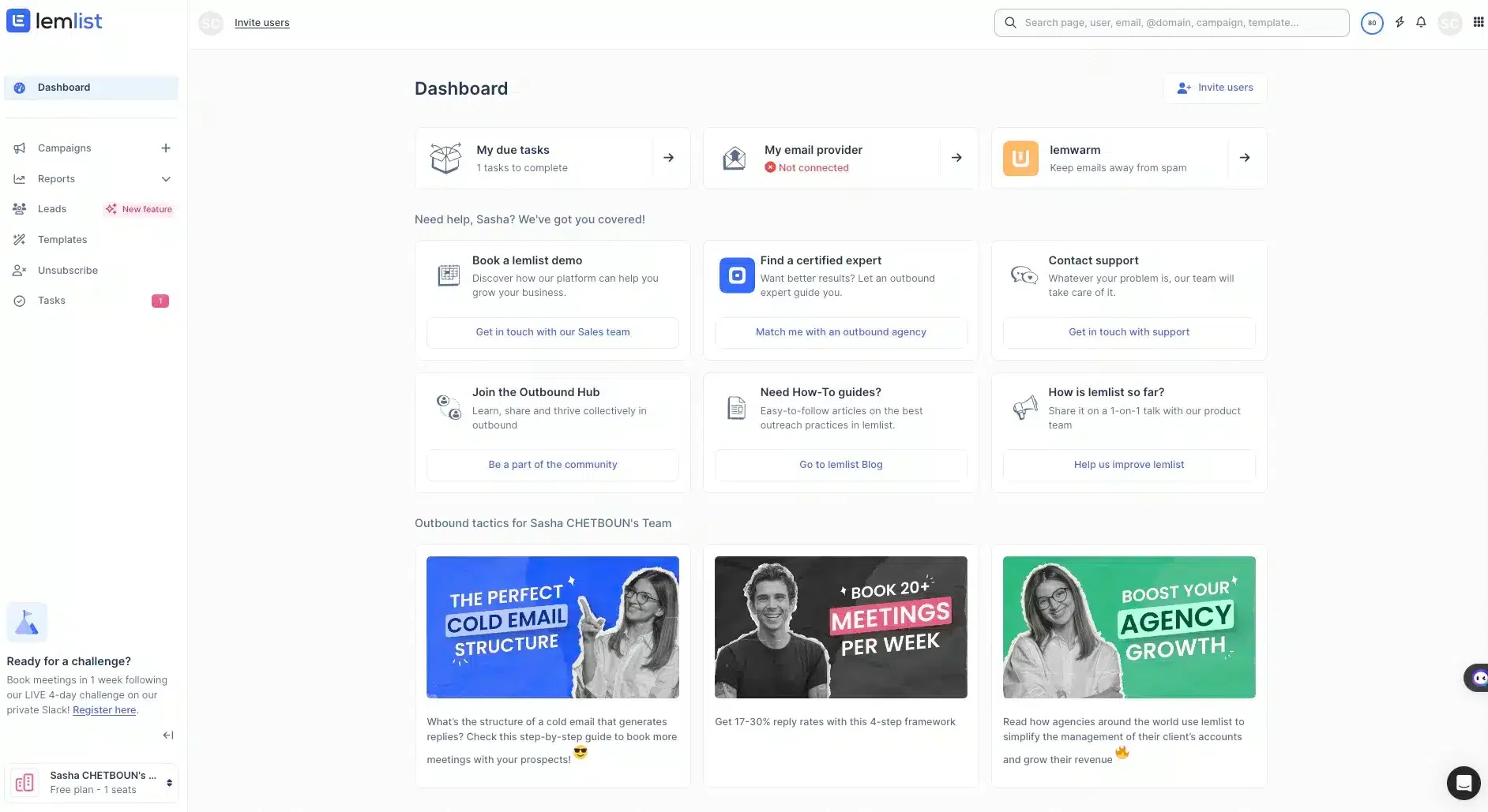 Interface tableau de bord Lemlist email
