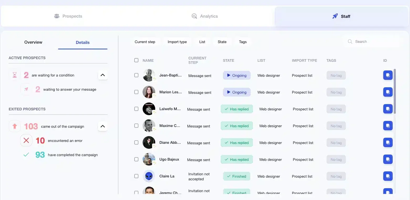 Interface prospection prospects Waalaxy