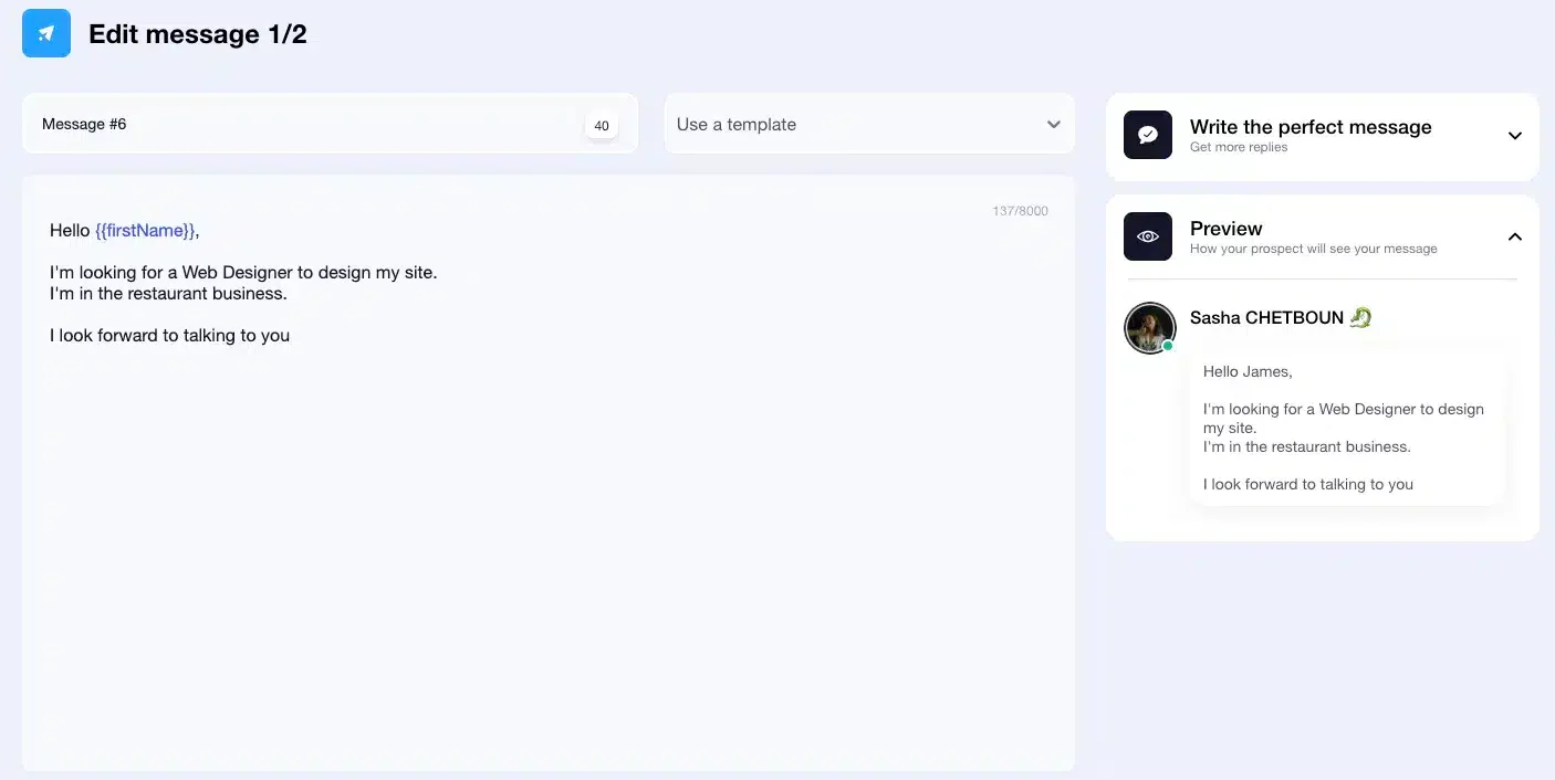 Template message outreach Waalaxy