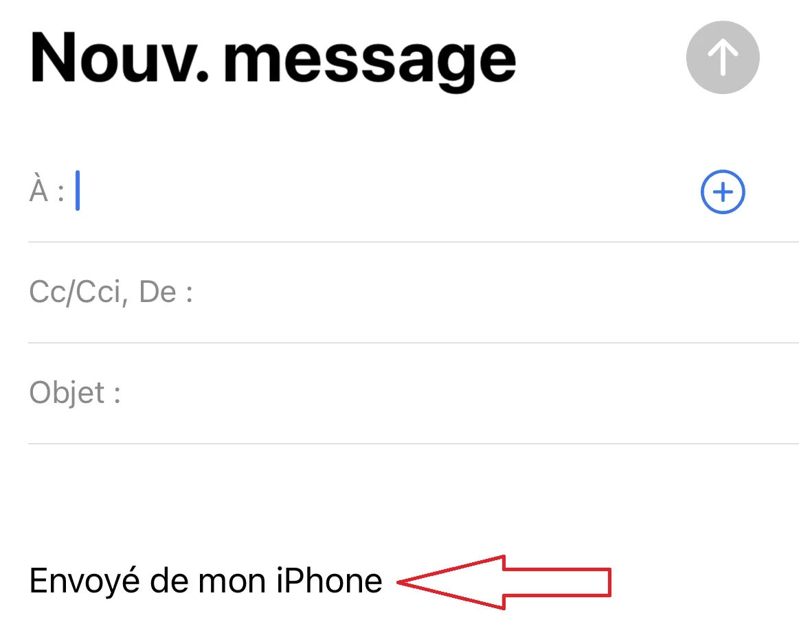 Message d'e-mail en cours d'écriture sur iPhone. Texte : "Nouv.message" et "Envoyé de mon iPhone". Interface utilisateur simple.