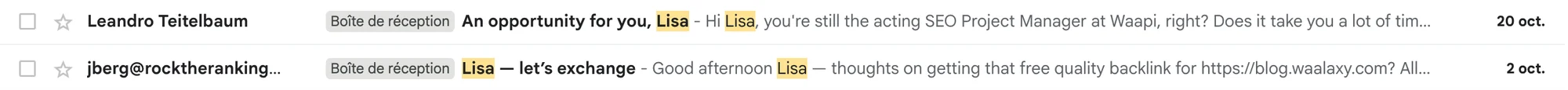 Example of an email with first name in subject line and description
