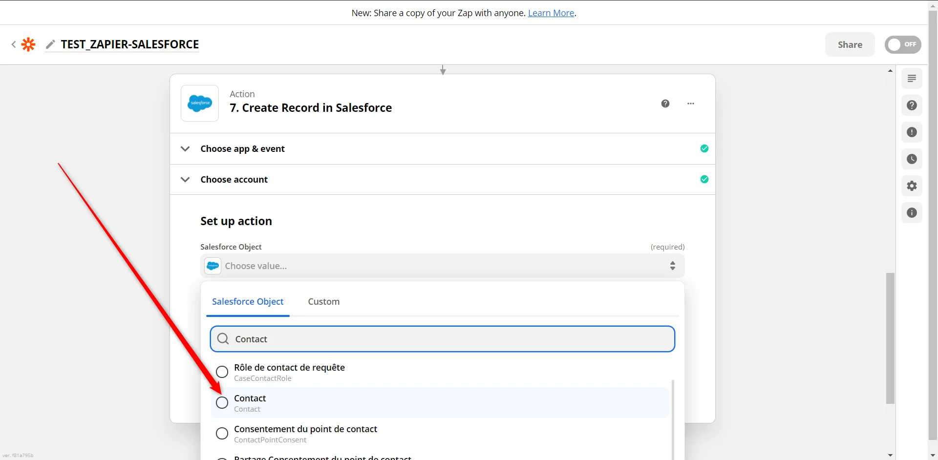 selectionner contact dans zapier avec salesforce