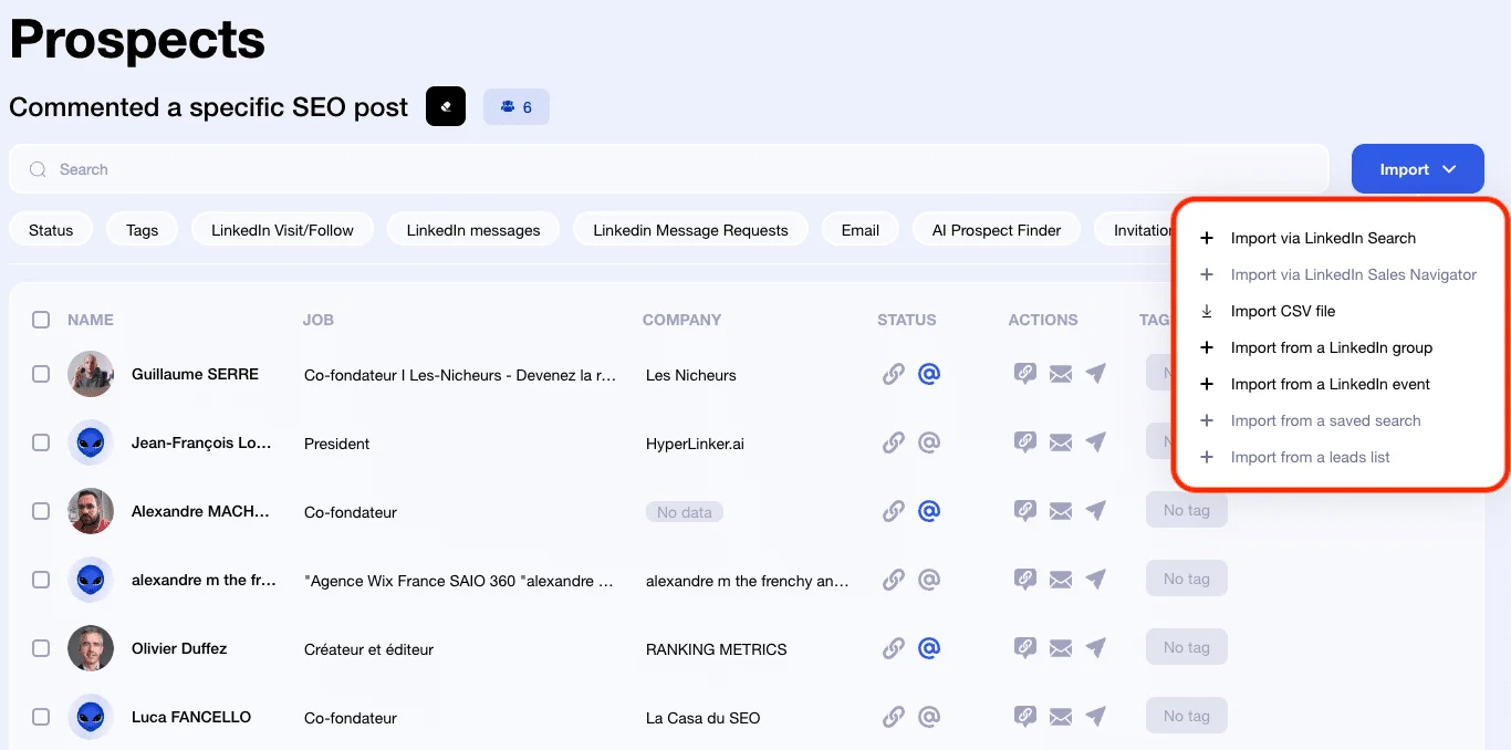 Interface voor het beheren van leads en verschillende manieren om ze te importeren in Waalaxy