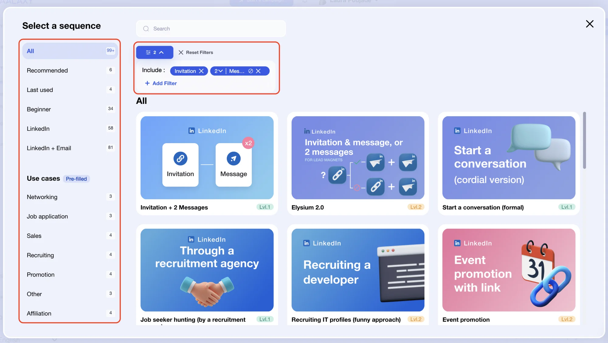 Waalaxy actiesequentie selectie-interface