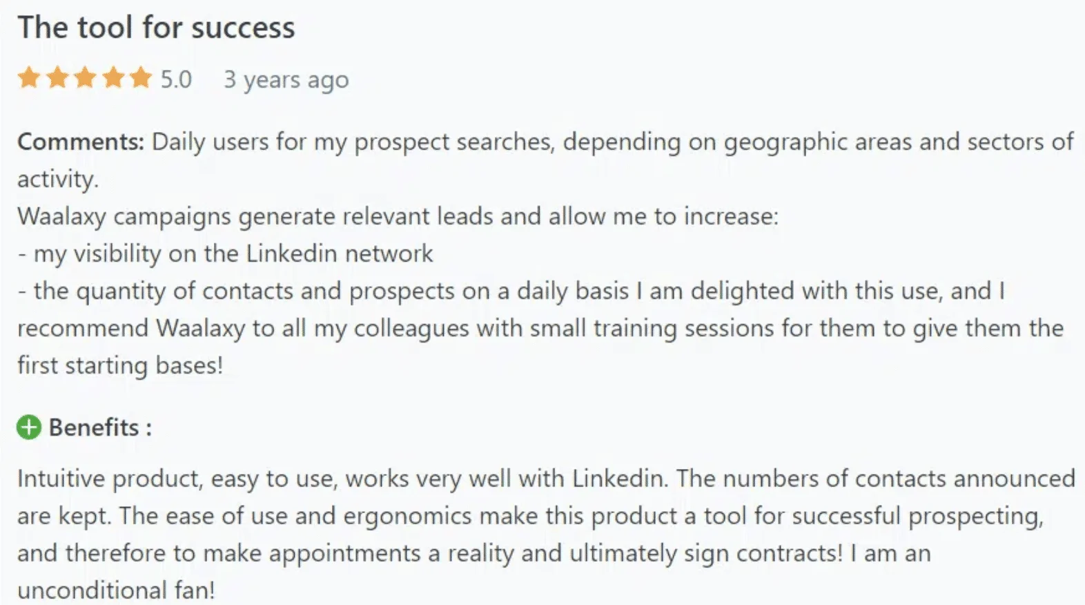 Avis client Waalaxy cinq étoiles prospection LinkedIn