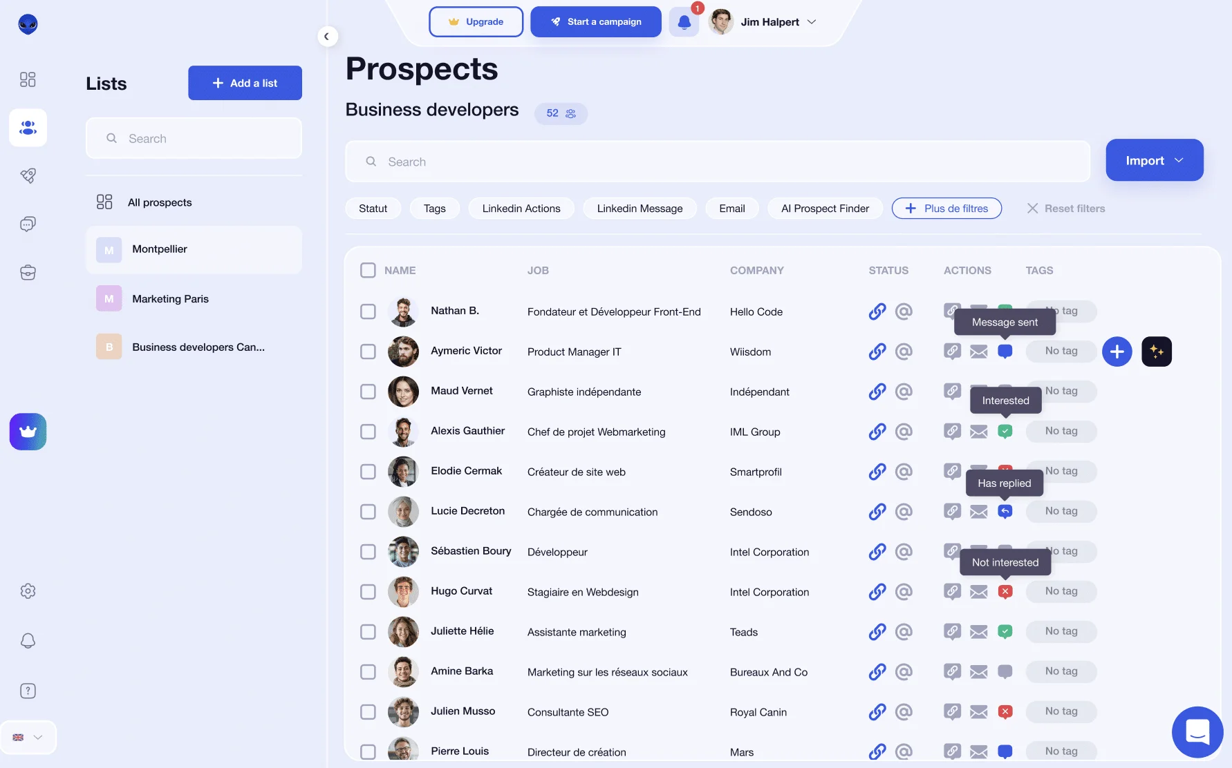 Interface prospection prospects Waalaxy