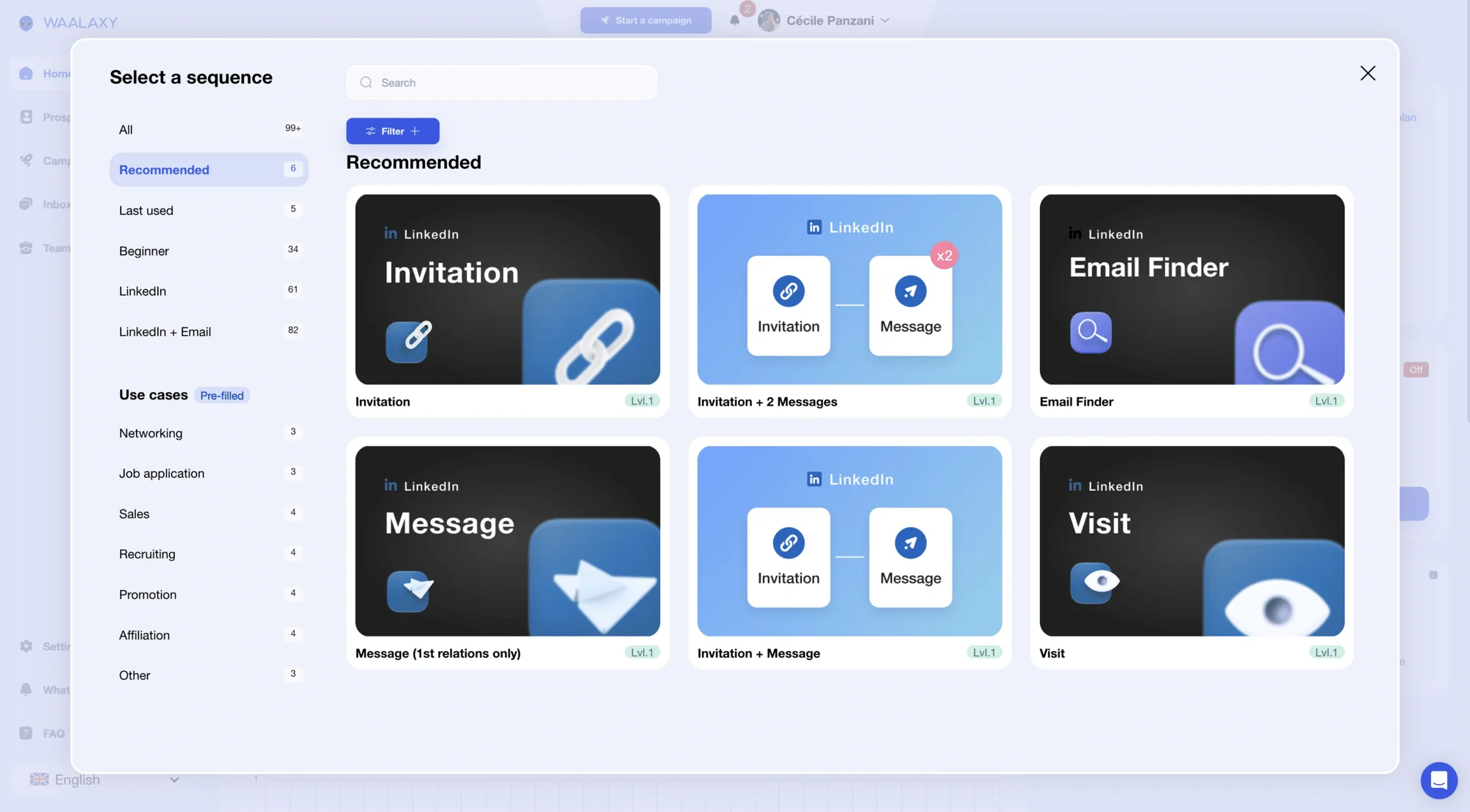 Interface sélection séquences Waalaxy LinkedIn