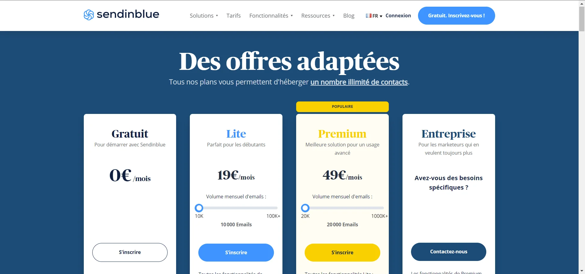 Comparaison plans tarifaires Sendinblue
