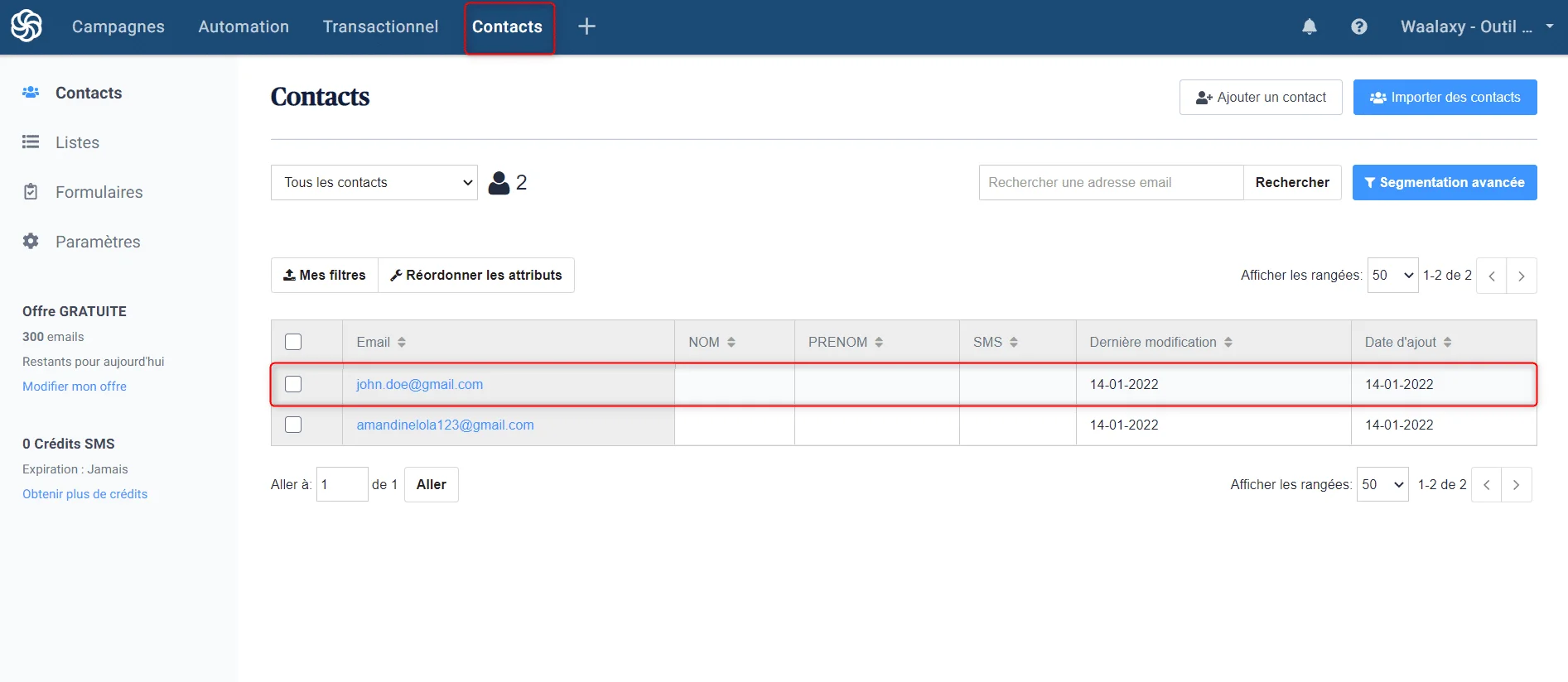 Interface contacts Waalaxy gestion prospection