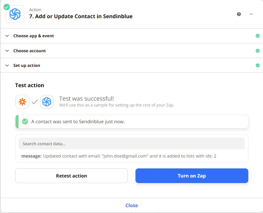 Test action Sendinblue ajout contact