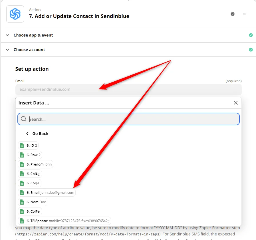 Ajouter contact Sendinblue Zapier données