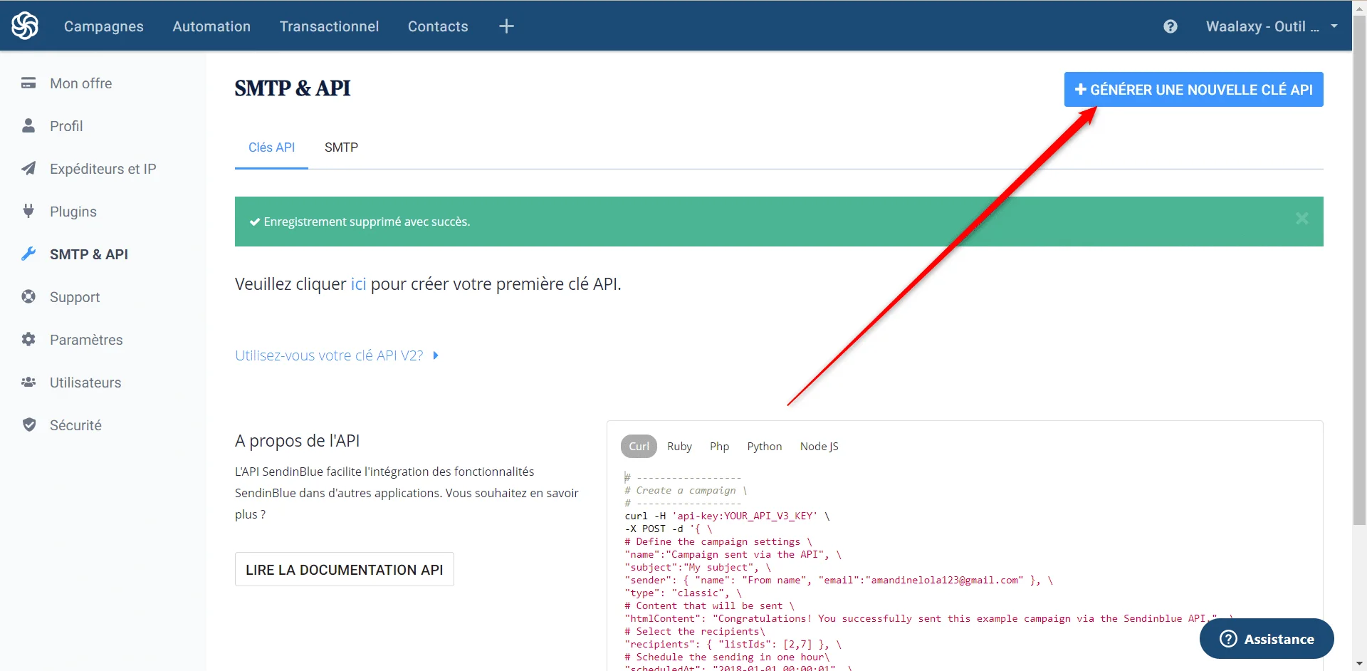 Générateur clé API Sendinblue Waalaxy
