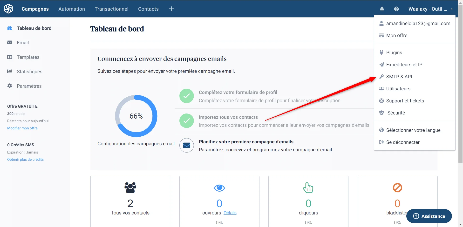 Tableau de bord configuration campagne email Waalaxy
