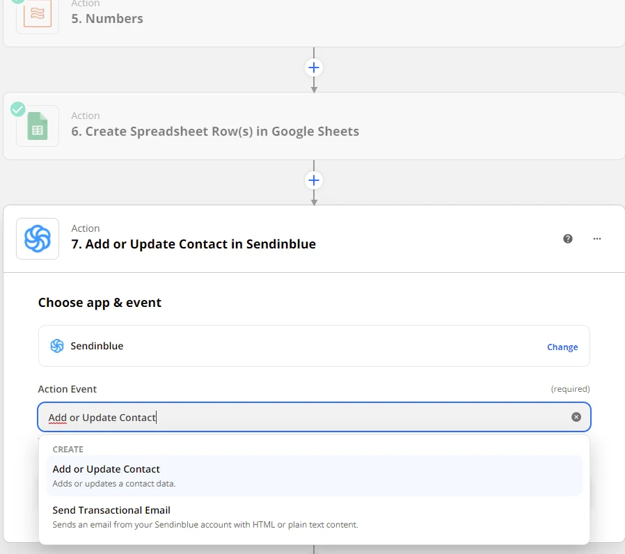 Configuration workflow Sendinblue contact