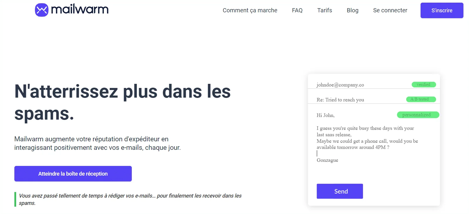 Page web Mailwarm présentant un e-mail en cours d'envoi avec des options pour envoyer ou annuler. Texte: "N'atterrissez plus dans les spams." et "Atteindre la boîte de réception". Contexte: promotion du service anti-spam.