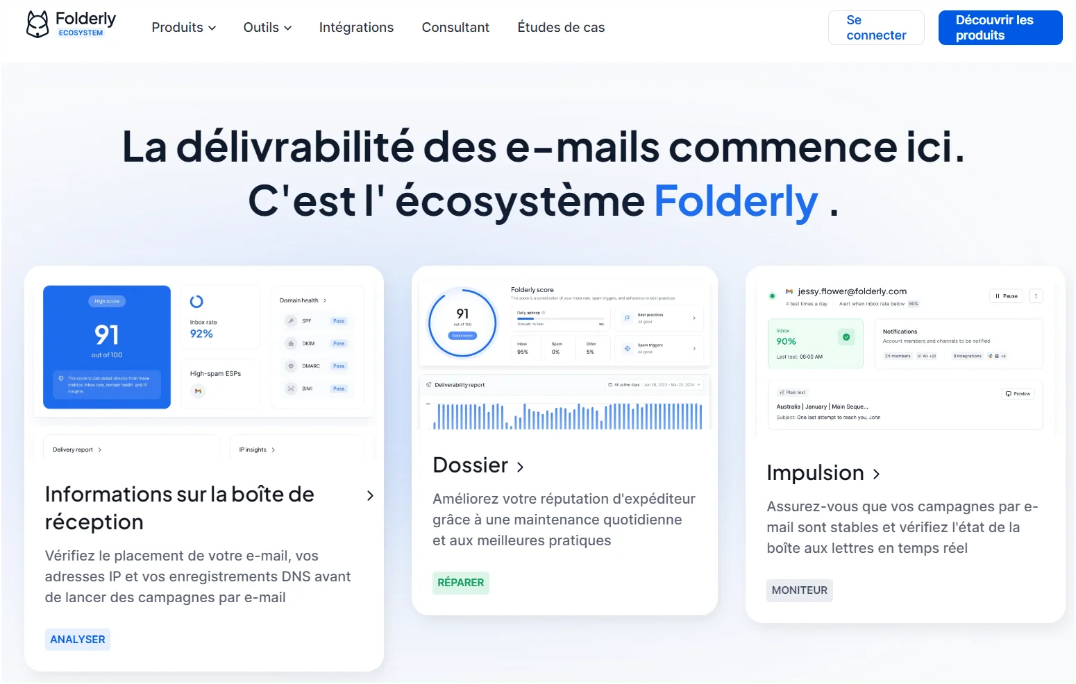 Page web Folderly montrant des sections d'informations sur l'emailing, avec des graphiques et des textes en français.