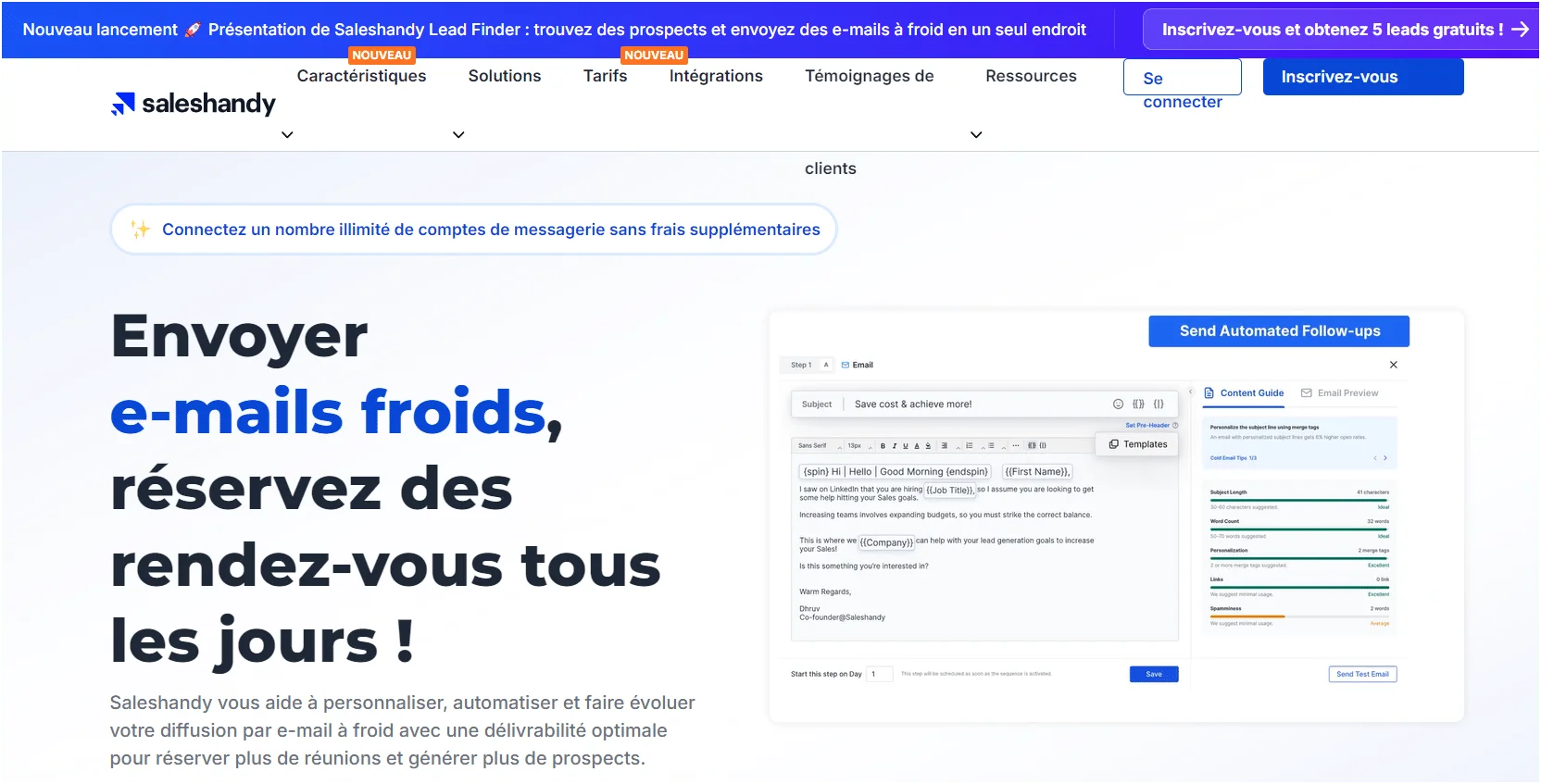 Page web Saleshandy Lead Finder présentant des options pour envoyer des e-mails froids et réserver des rendez-vous. Texte en français sur l'automatisation et la personnalisation des e-mails. Interface utilisateur avec formulaire de connexion et boutons bleus. Contexte promotionnel.
