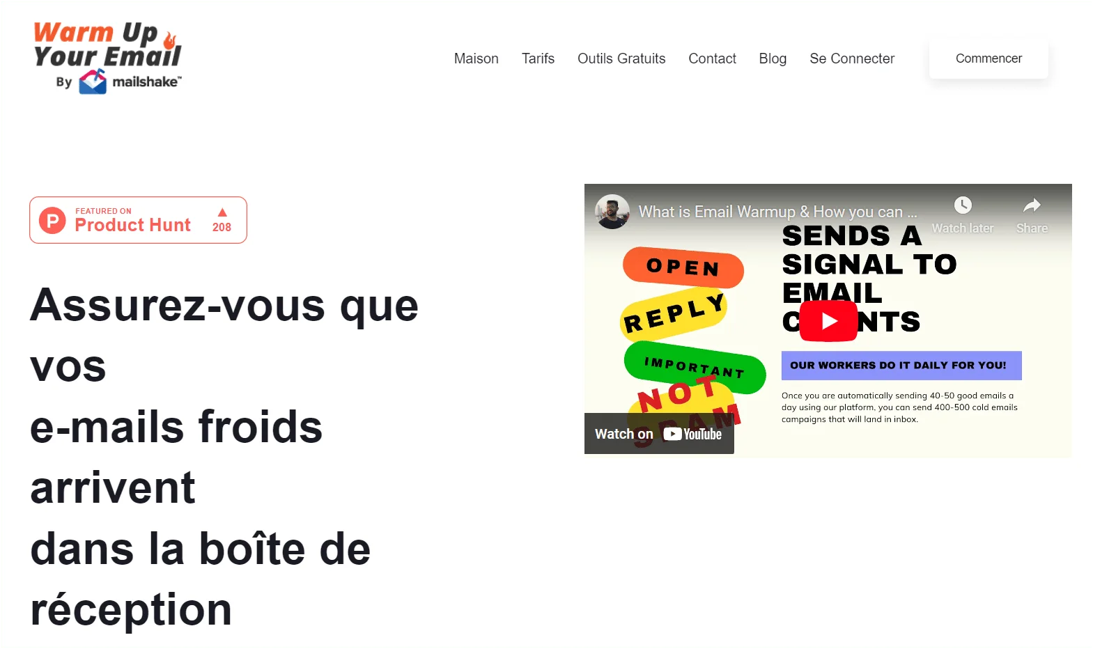 Page web "Warm Up Your Email" présentant des conseils pour envoyer des e-mails froids efficacement. Texte: "Assurez-vous que vos e-mails froids arrivent dans la boîte de réception". Éléments visuels: graphiques colorés et bouton "Commencer".