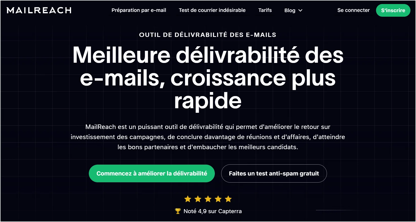 Page d'accueil de MailReach présentant des fonctionnalités pour améliorer la délivrabilité des e-mails.