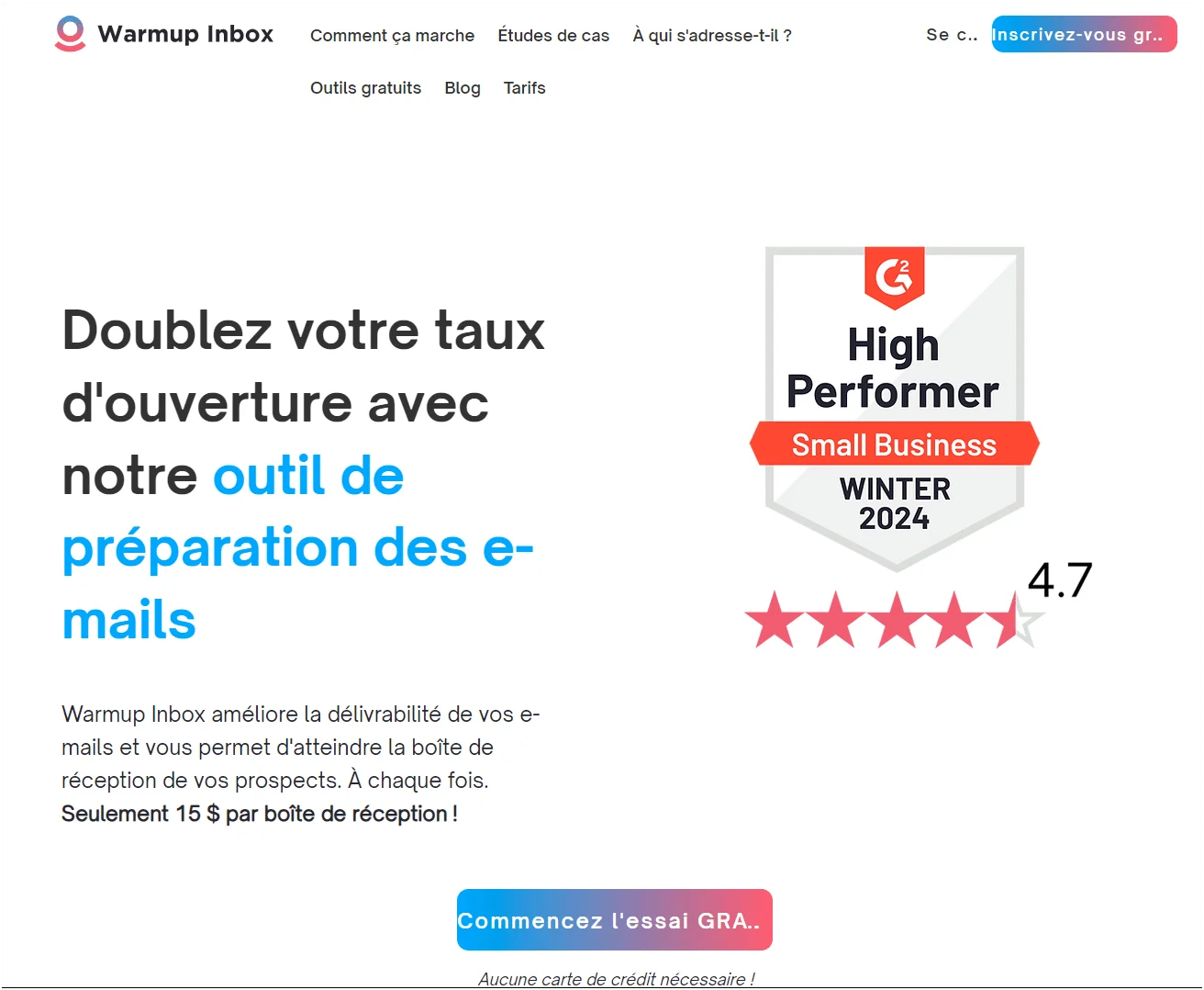 Page promotionnelle d'Warmup Inbox présentant un badge "High Performer" avec note 4.7 sur 5 étoiles.