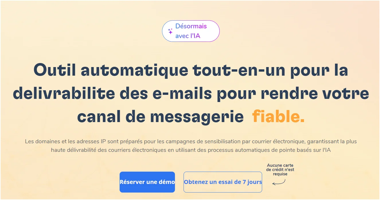 "Page web présentant un outil automatique pour améliorer la livraison des e-mails avec IA."