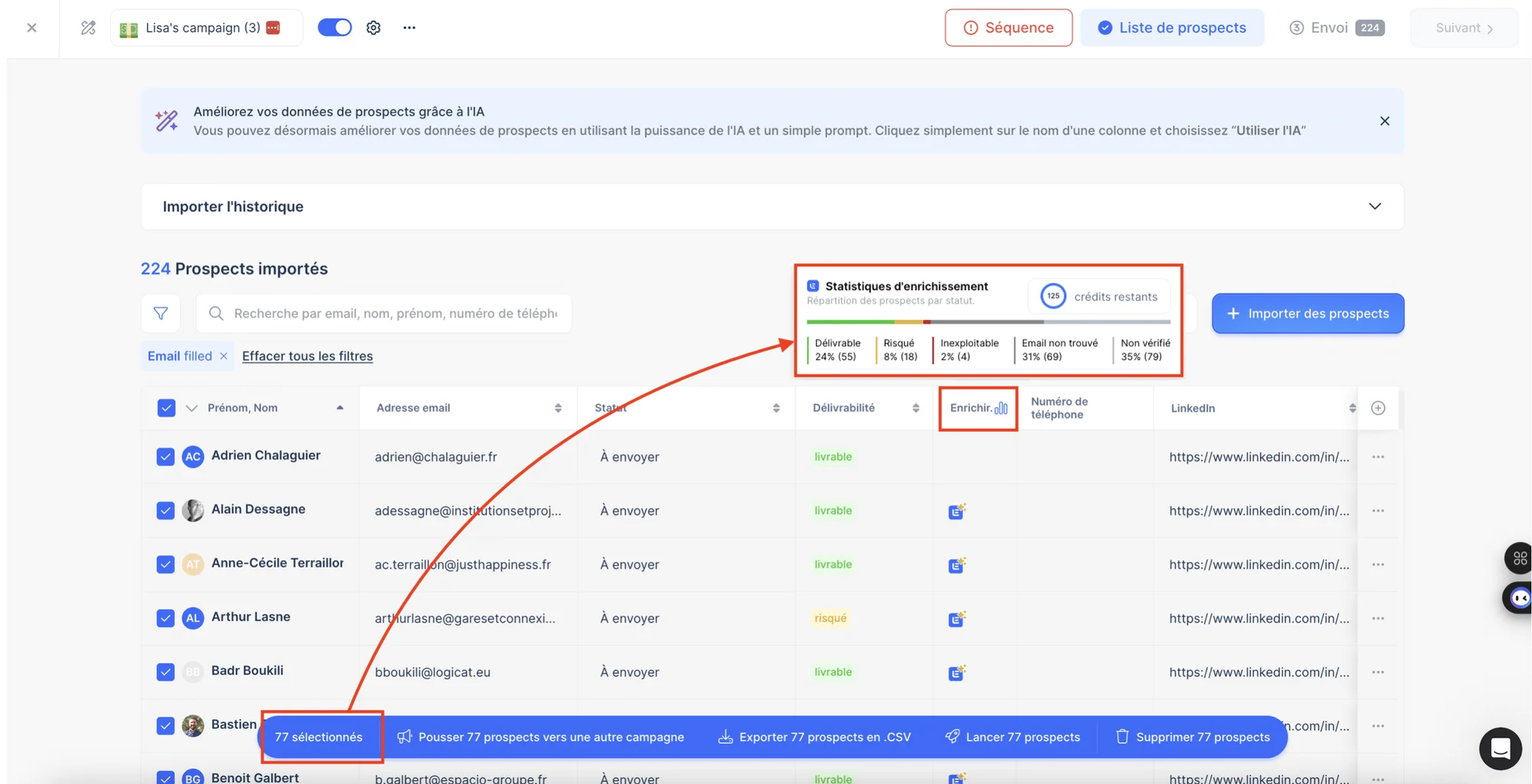 Résultats Email Finder sur Lemlist.