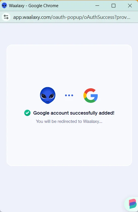 Page d'authentification Google avec succès, compte ajouté.