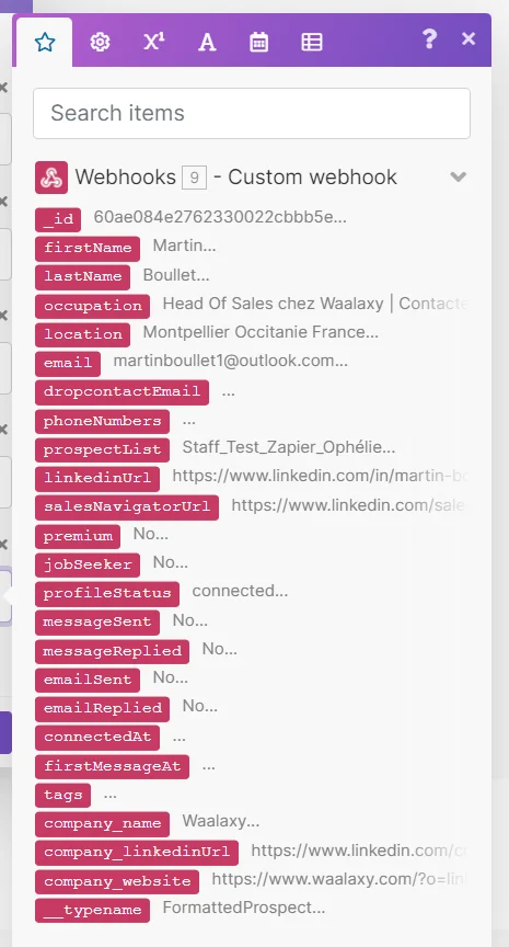 Webhook custom fields Waalaxy interface