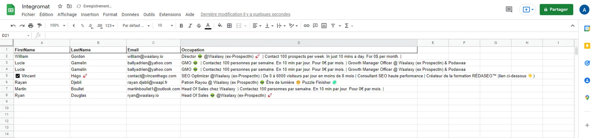Feuille calcul prospection contacts Waalaxy
