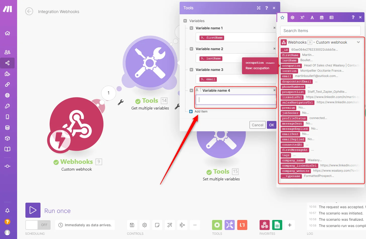 Intégration webhooks variables Waalaxy