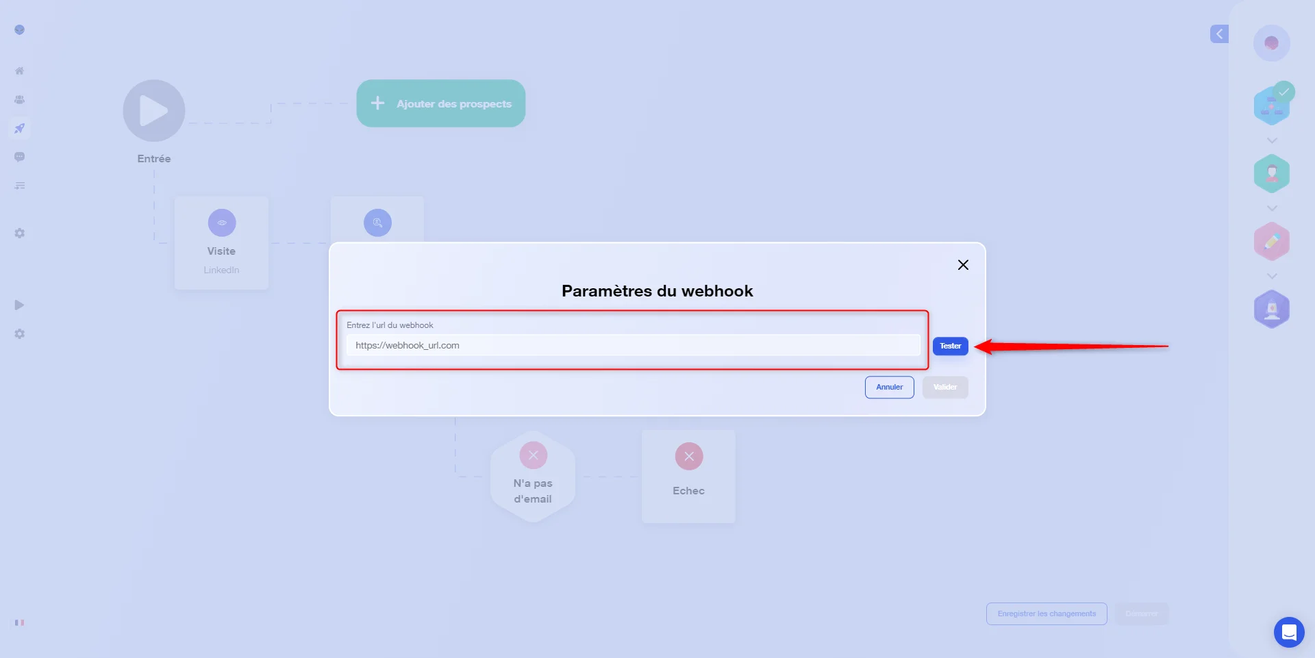 Paramètres webhook Waalaxy interface