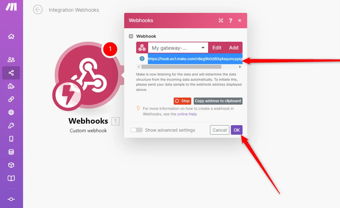 Webhook URL configuration Make.com