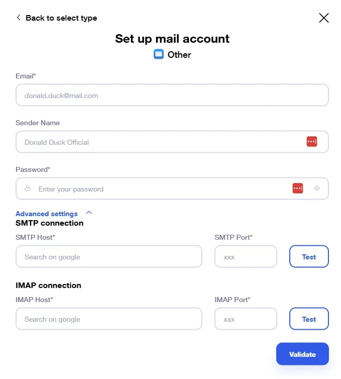 Formulaire de configuration compte mail