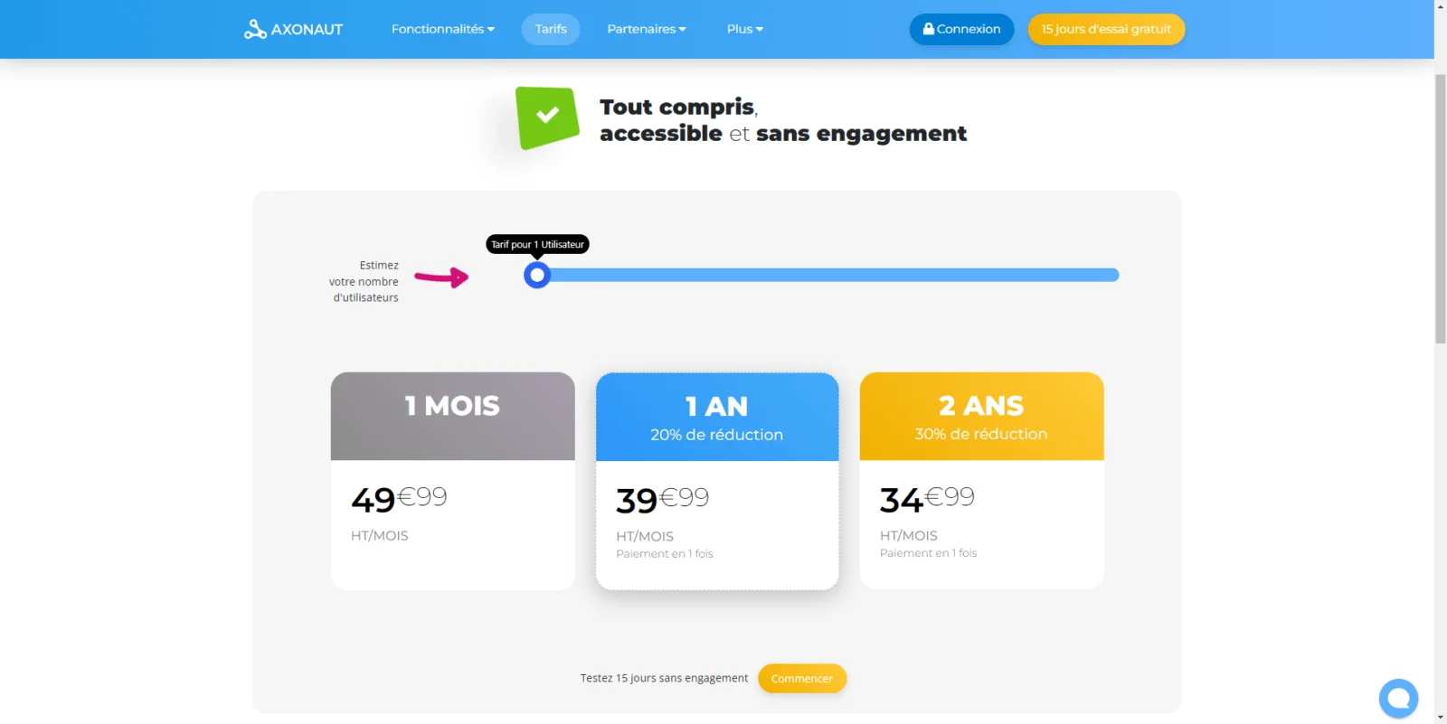 Axonaut tarification plans prix mensuels