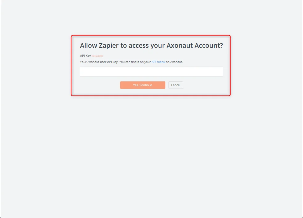 Zapier Axonaut API key authorization dialog
