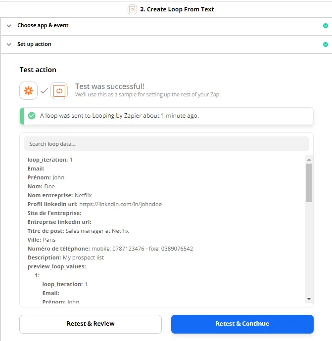 Zapier loop création test action réussie