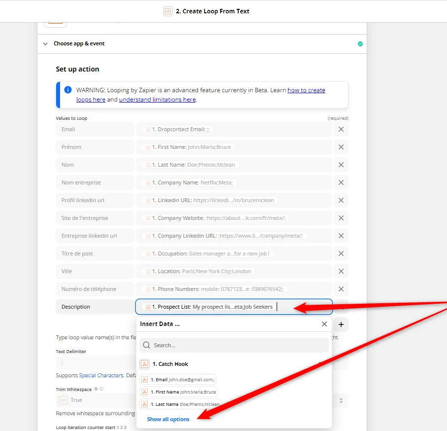 Zapier loop text insert data prospection