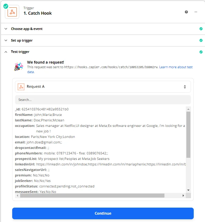 Zapier catch hook test trigger request