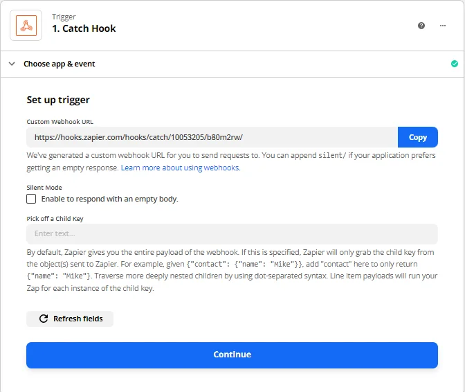 Zapier catch hook webhook configuration