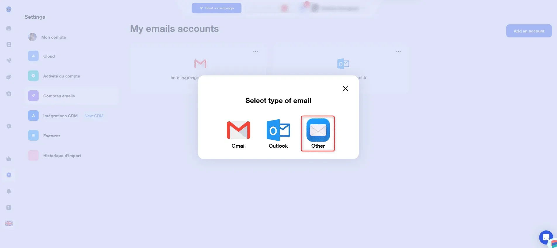 Modal de sélection type email Gmail Outlook