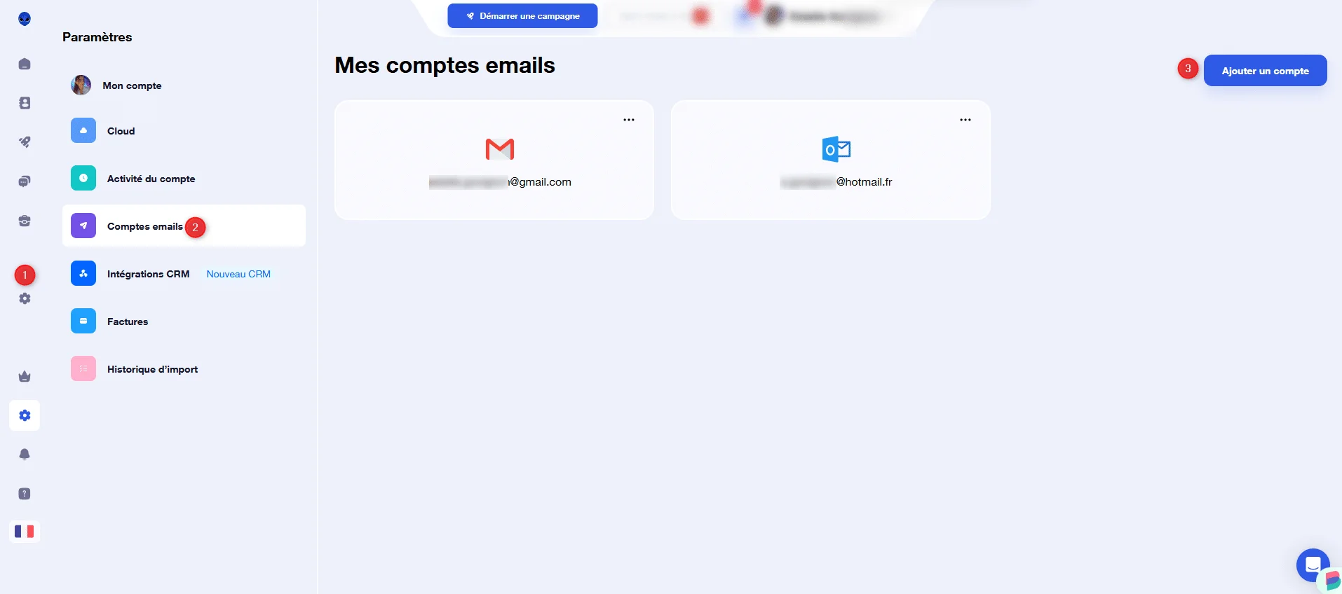 Mes comptes emails Waalaxy Gmail Hotmail