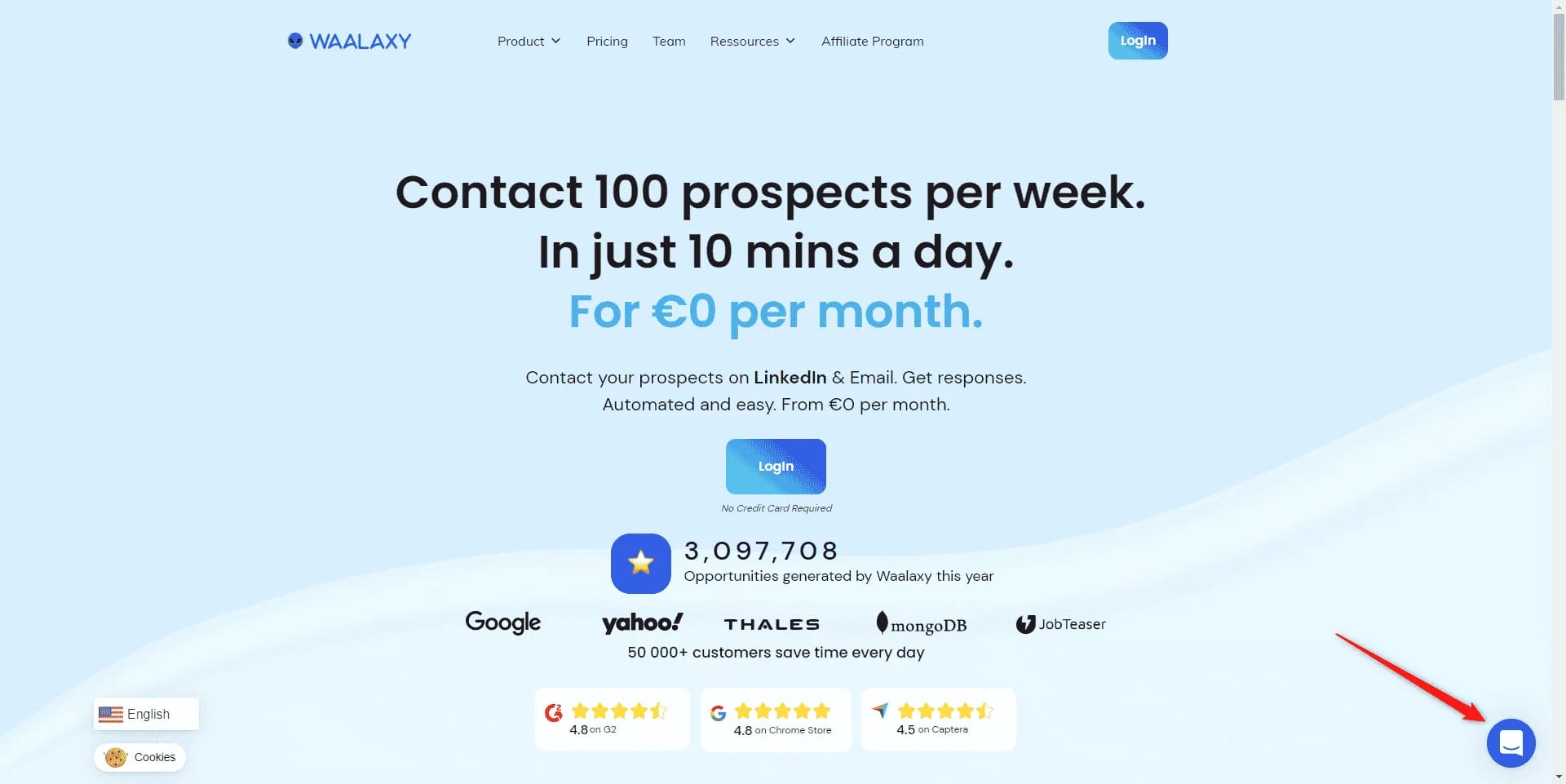 Page web Wajaxy, contact par semaine, tarif €0/mois, bouton "Sign up" en bas à droite.