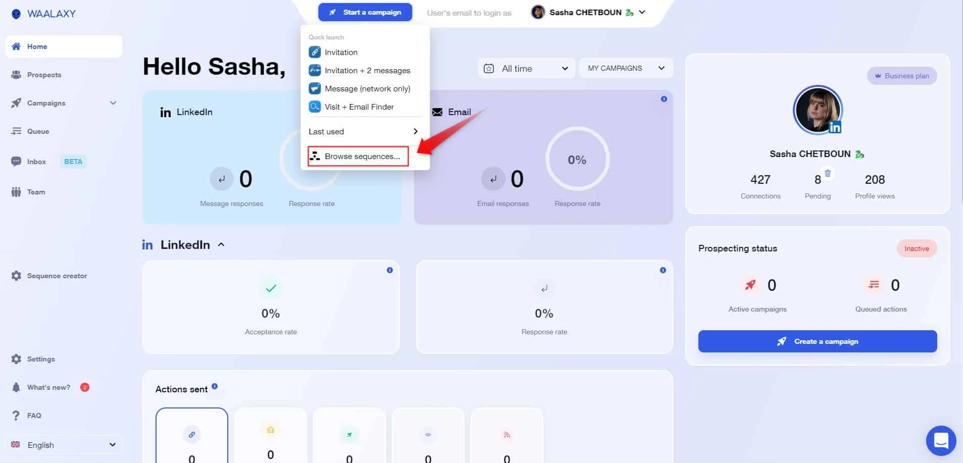 Dashboard Waalaxy prospection LinkedIn