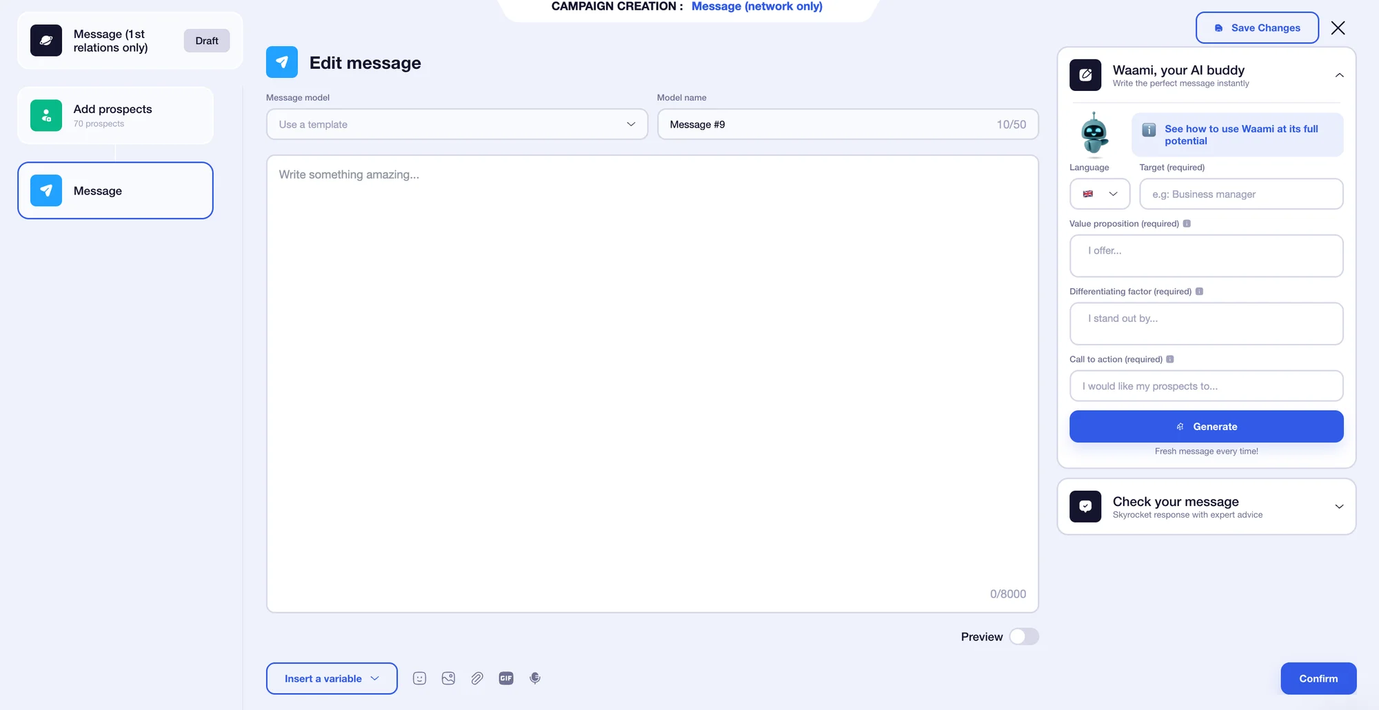 Waalaxy message with waami