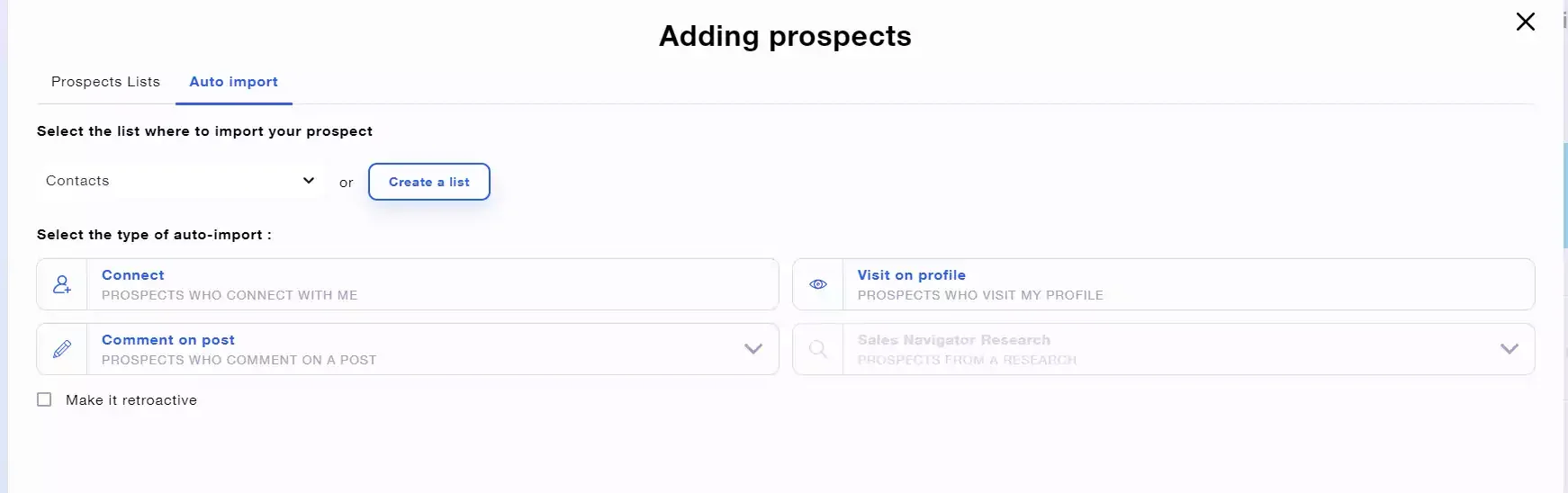 Interface auto-import prospects Waalaxy