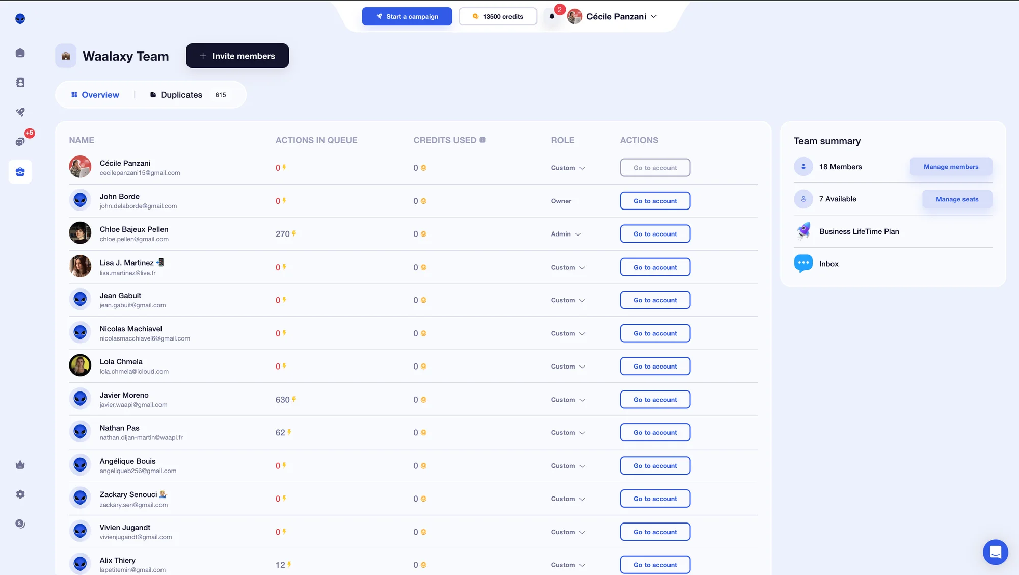 Waalaxy team interface