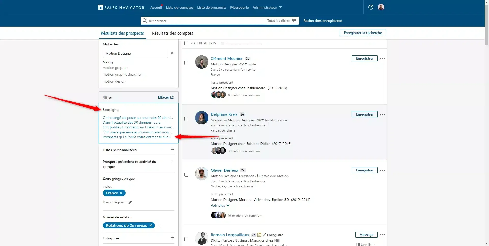 Recherche motion designer LinkedIn Sales Navigator