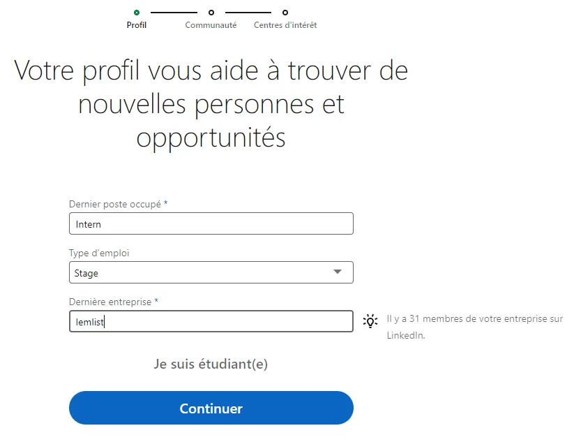 Formulaire profil LinkedIn Waalaxy