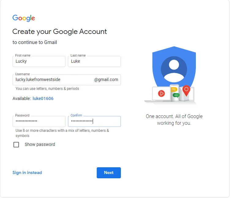 Google account creation form Gmail