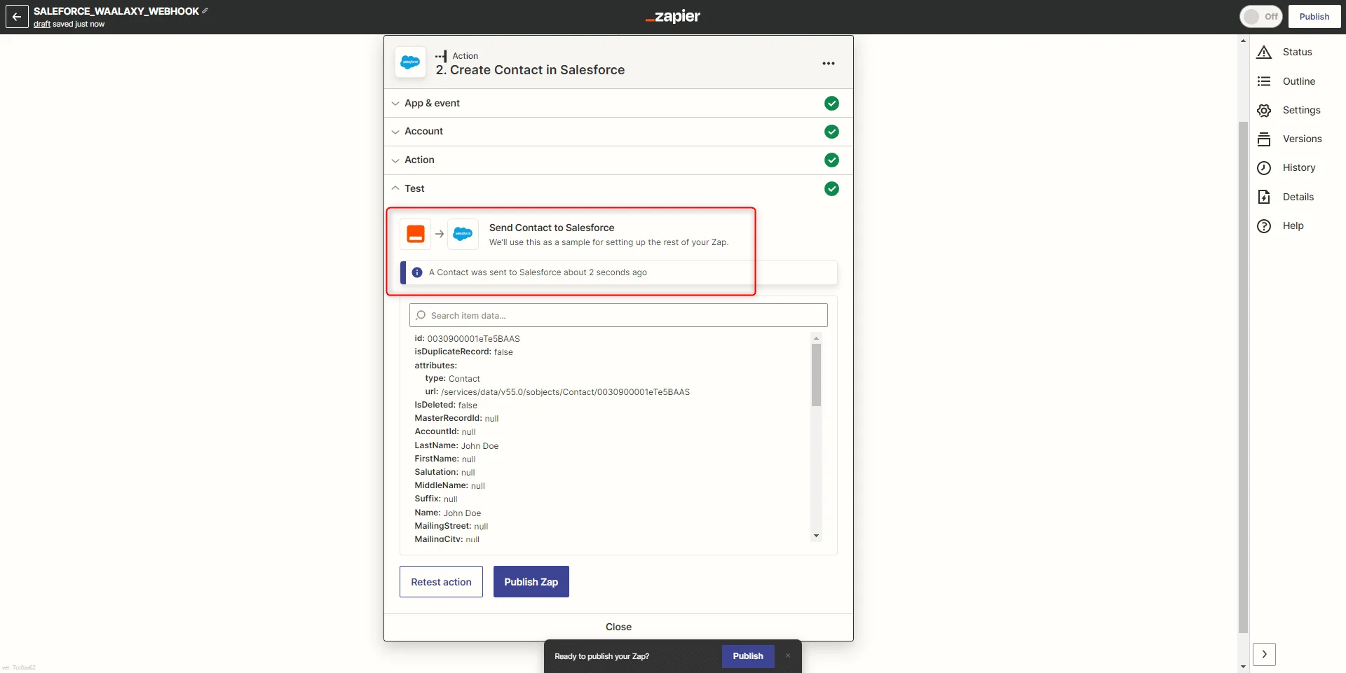 Page web Zapier, formulaire de connexion à Salesforce, champs pour nom d'utilisateur et mot de passe, boutons "Publier" et "Fermer".